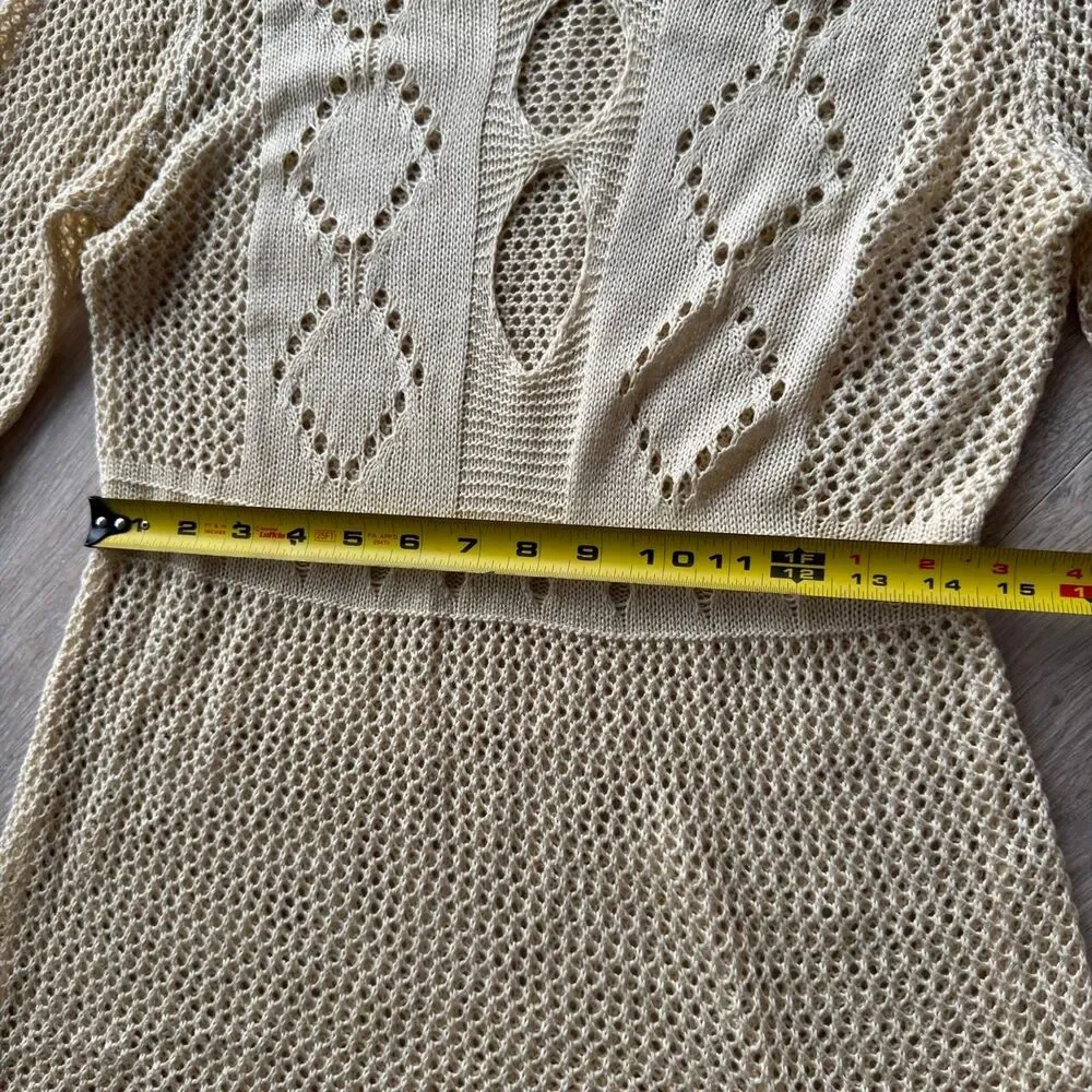 Women's Tan Crochet Cover-up Dress Large Bell Sleeves Cutouts Fairy Boho Beachy